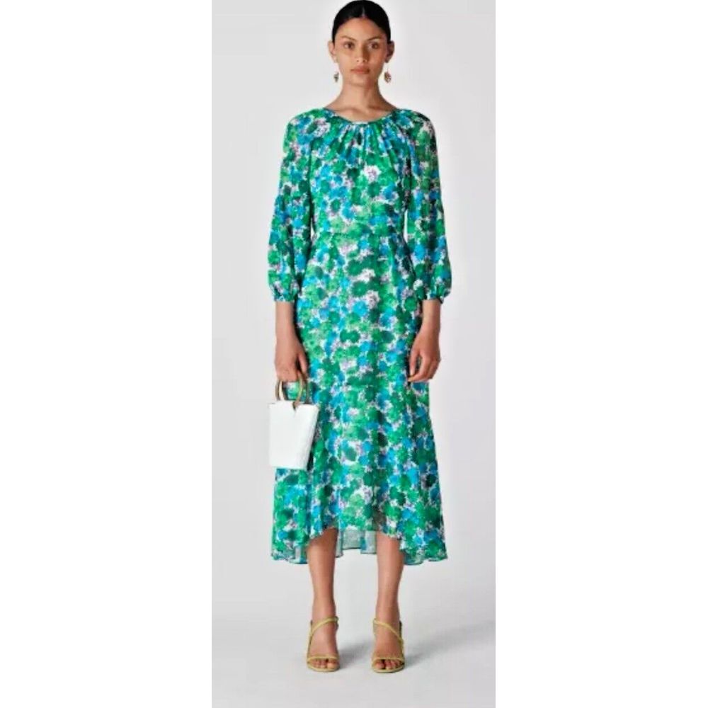 Whistles Women Size US 6 Alva Zinnia Floral Dress Blue Multi Midi 3/4 Sleeve